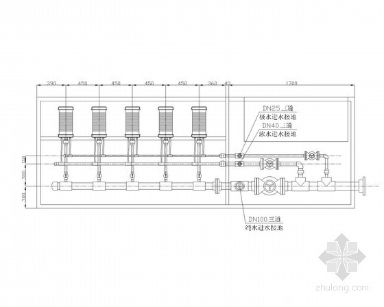 [北京]某热电厂锅炉补给水设备设计图纸（轴测图、安装图）-进水管路俯视图