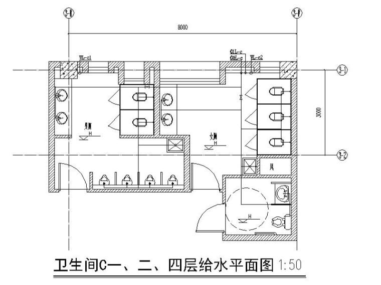 [中国]石油科技中心给排水系统工程施工图设计（CAD）-卫生间C一、二、四层给水平面图