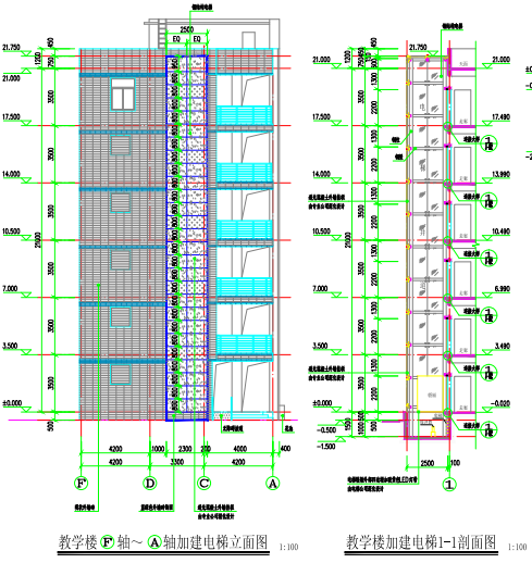 [广东]中学3栋大楼钢结构电梯加装工程预算书(含图纸)-教学楼加建电梯剖面图