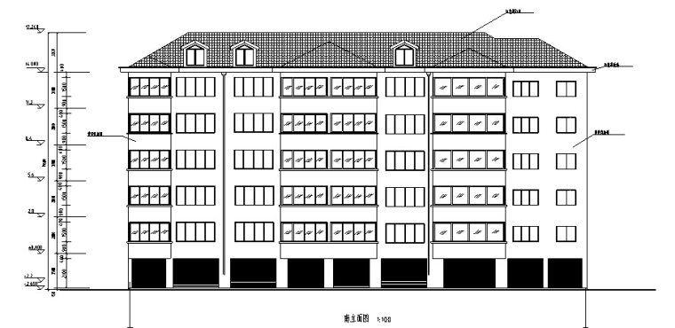 [5层]左右某框架结构住宅楼设计（2700平米、图纸、计算书）-南立面