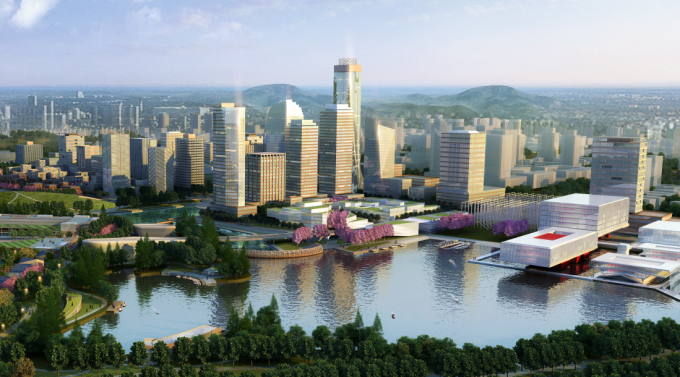 [江苏]滨江现代低碳示范区山水田园城市规划景观设计方案-核心商业区景观效果图