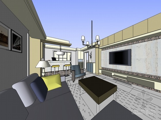 简欧住宅单体模型资料下载-简欧客餐厅SketchUp模型下载
