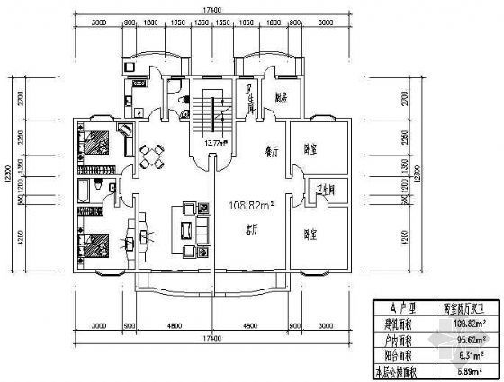 四室两厅两卫一厨户型资料下载-两室两厅一厨两卫108.2平米