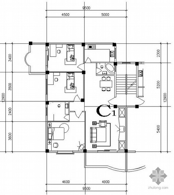 建筑户型平面图跃层资料下载-三室一厅一卫有跃层单户户型平面图(总89.6)
