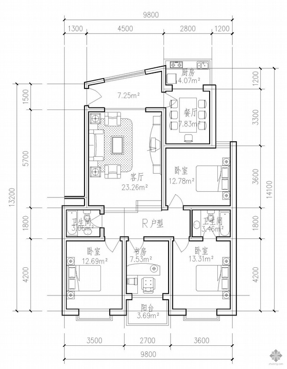 小高层一梯四北梯户型图资料下载-板式多层有跃层一梯两户户型图(137/137)