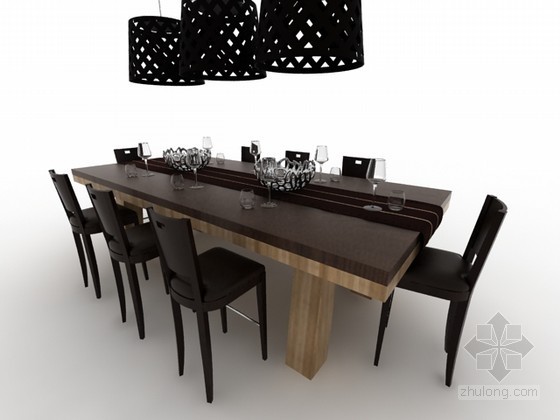 大长方形别墅建筑资料下载-长方形八人餐桌椅组合3d模型下载