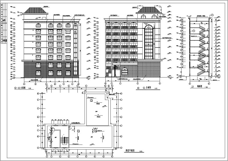 6套宾馆酒店建筑设计初设图CAD-欧式多层宾馆酒店建筑设计剖面图