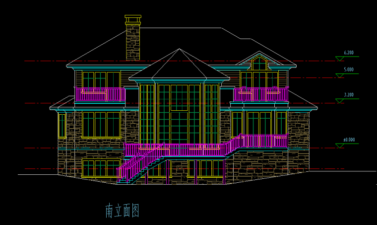 3层独栋别墅建筑方案设计（CAD）-南立面图