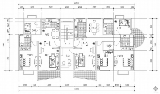 18层板式住宅户型图资料下载-板式多层一梯两户户型图(87/142)