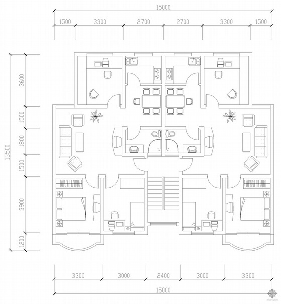 95平三室两厅平面图资料下载-板式多层一梯二户三室二厅一卫户型图(95/95)