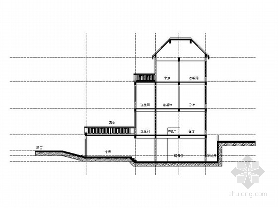 [江苏]三层错联排式别墅建筑施工图-三层错联排式别墅建筑剖面图 