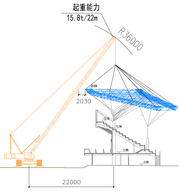 [肇庆]体育中心升级改造工程项目游泳馆构吊装施工方案（44页）-07 150t履带吊立面工况分析