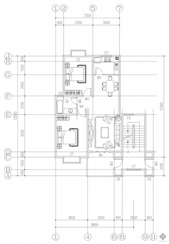 二室一厅平面图资料下载-板式多层一梯两户二室一厅一卫户型图(93/93)