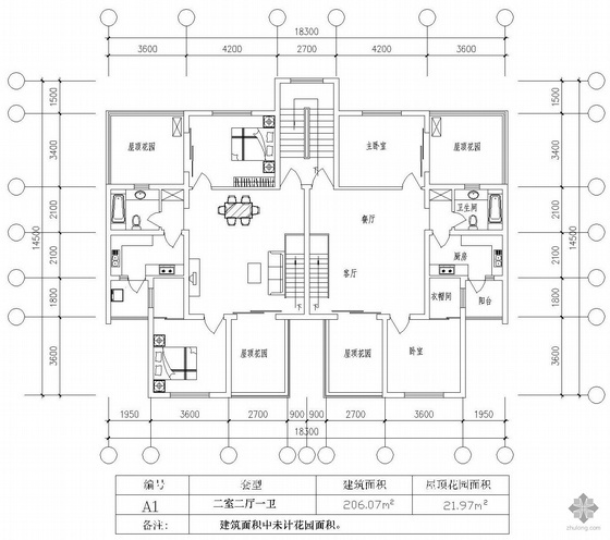 一梯十四户建筑资料下载-板式多层一梯二户二室二厅一卫有花园户型图(206/206)