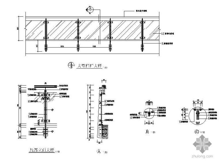 黑色铁拱架与白色木栏资料下载-大堂实木栏杆详图