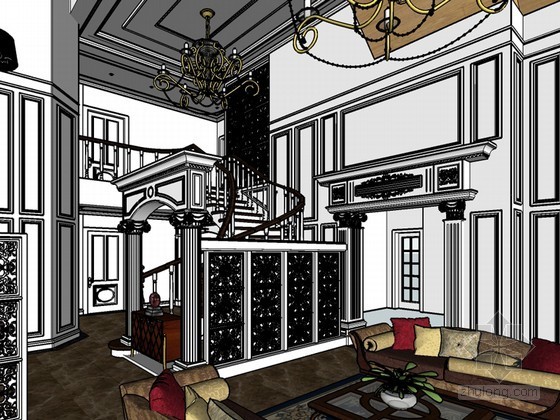 欧式别墅建筑模型资料下载-欧式别墅客厅SketchUp模型下载