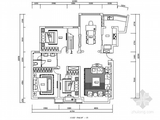 三角公园cad平面图资料下载-三居室住宅CAD平面图
