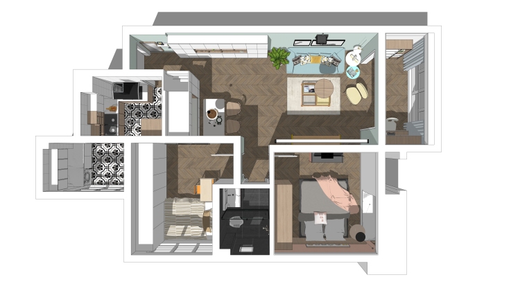 5套北欧风格资料下载-清新北欧风格两居室住宅方案室内设计模型