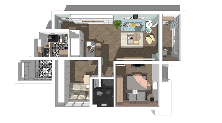 室内住宅设计su模型资料下载-清新北欧风格两居室住宅方案室内设计模型
