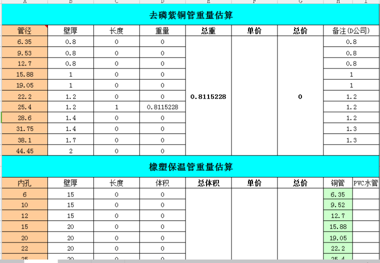 金线龟价格2016年价格资料下载-铜管重量价格及保温体积价格计算表