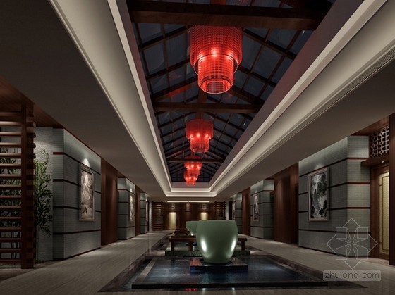 酒店走廊地毯贴图资料下载-中式走廊3d模型下载