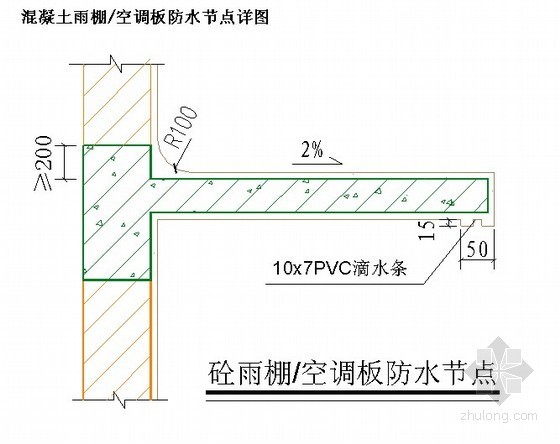 空调CAD节点资料下载-混凝土雨棚/空调板防水节点详图