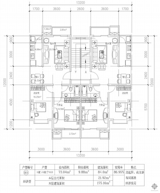 板式高层两室一卫户型图资料下载-板式多层一梯两户两室两厅一卫户型图(84/84)