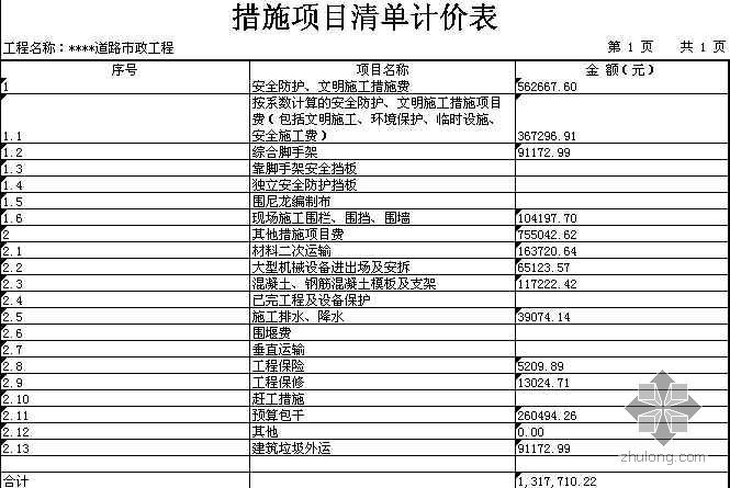 广州某道路市政工程清单报价书