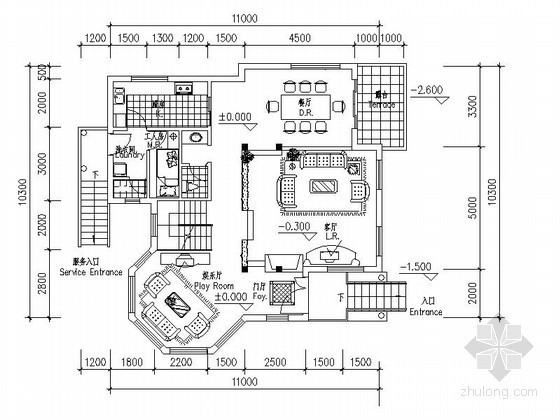 三层独栋别墅户型平面图资料下载-某三层独栋别墅建筑平面图（243平方米）