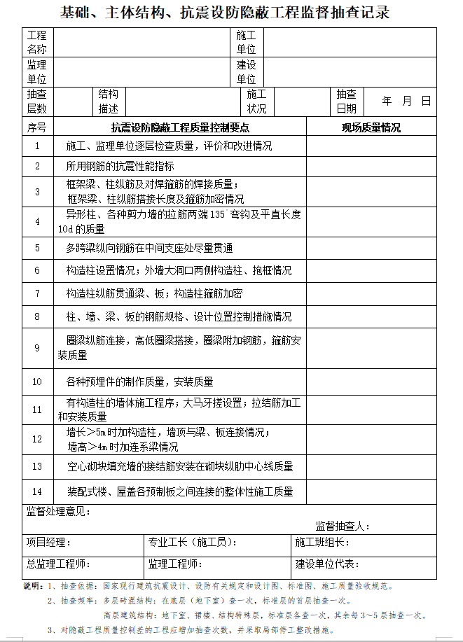 [贵州]房屋建筑工程监理质量监督管理用表（全省通用）-基础、主体结构、抗震设防隐蔽工程监督抽查记录