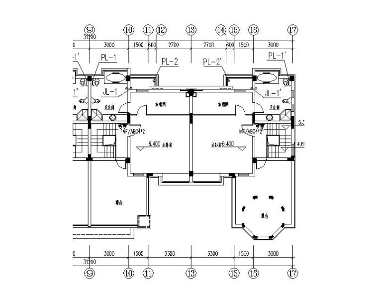 恒茂·天鹅堡三层别墅给排水设计施工图（CAD,4张）-三层给排水部分平面图
