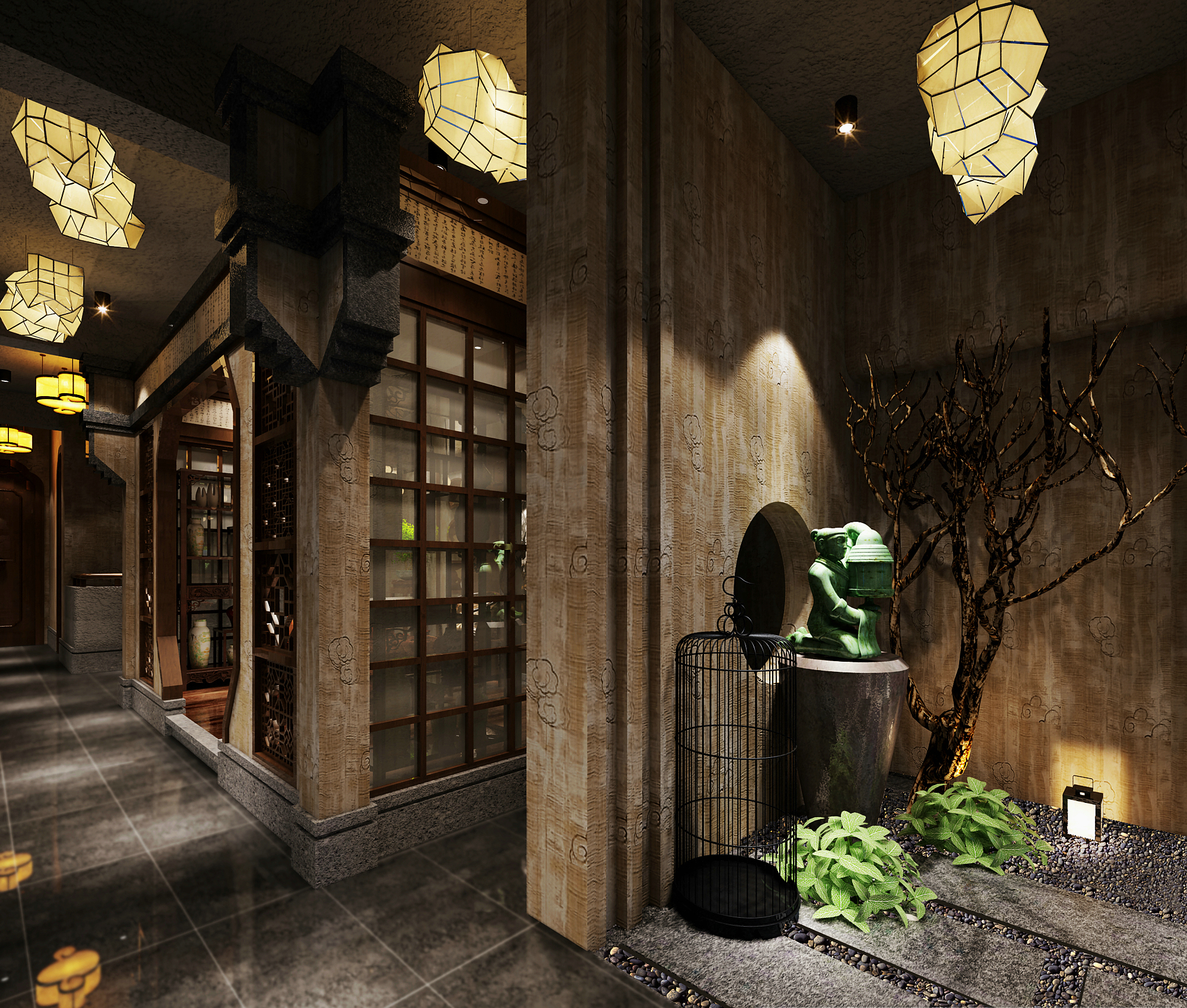 新中式--禅意茶楼餐厅设计施工图(附效果图)-餐饮空间装修-筑龙室内设