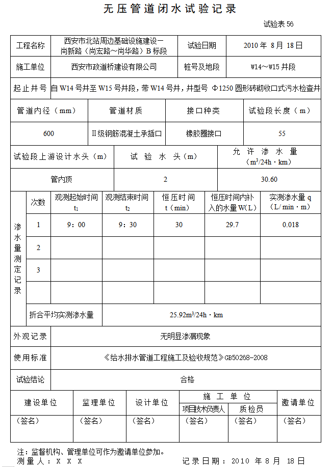 [广东]公路工程监理质量验收记录统一用表(全套)-无压管道闭水试验记录