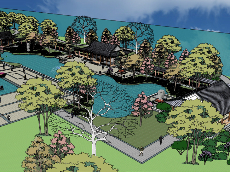 中式景观水池模型资料下载-中式公园景观全套精细SU模型（中式景观入口，中式廊亭）