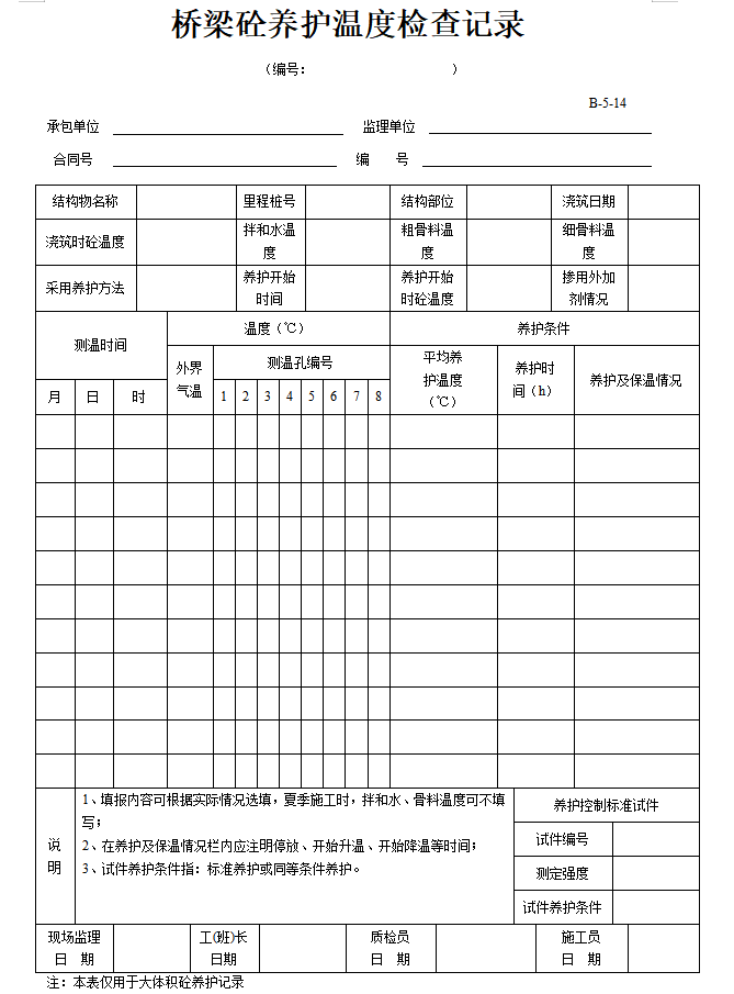 桥梁工程施工专用表格范本-桥梁砼养护温度检查记录