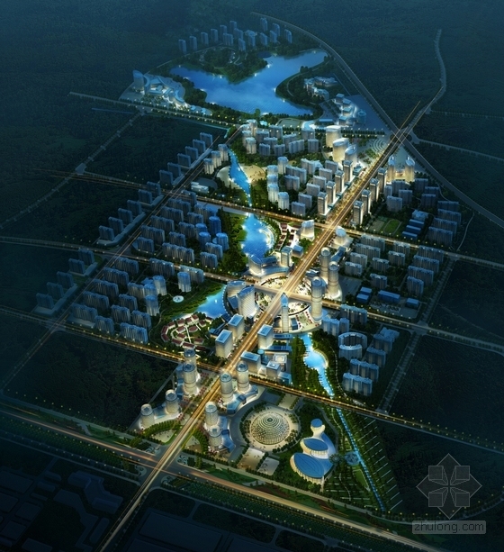 [湖南]新兴高新技术滨河产业园景观设计方案-鸟瞰效果图夜景
