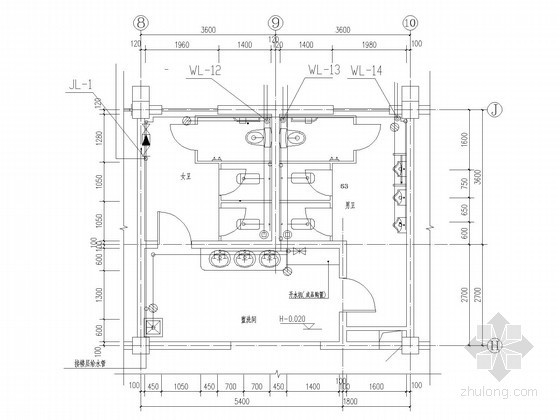 [安徽]疾病防治中心建筑给排水施工图-卫生间底层给排水平面详图 