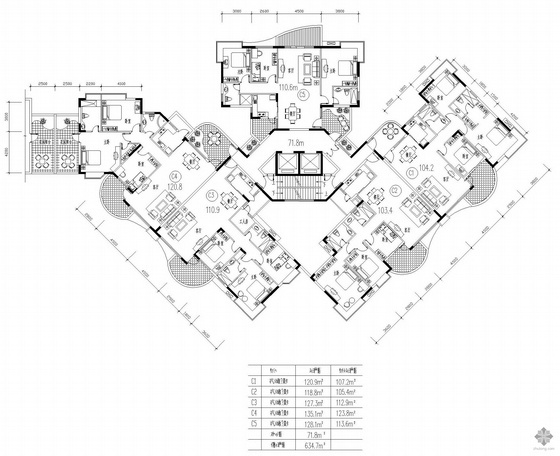 高层户型一梯五户cad图资料下载-塔式高层一梯五户户型图(121/119/127/135/128)