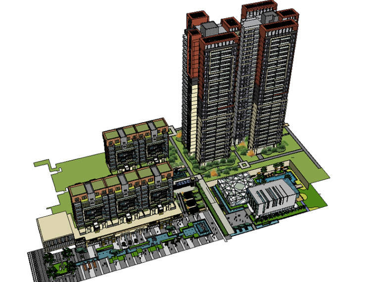 3层现代风格建筑su模型资料下载-现代风格小区（一套完整的SU建筑模型）