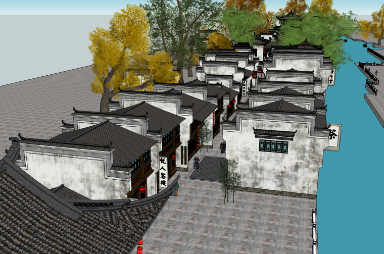 建筑商业规划平面资料下载-滨水中式古建筑商业步行街建筑SU模型