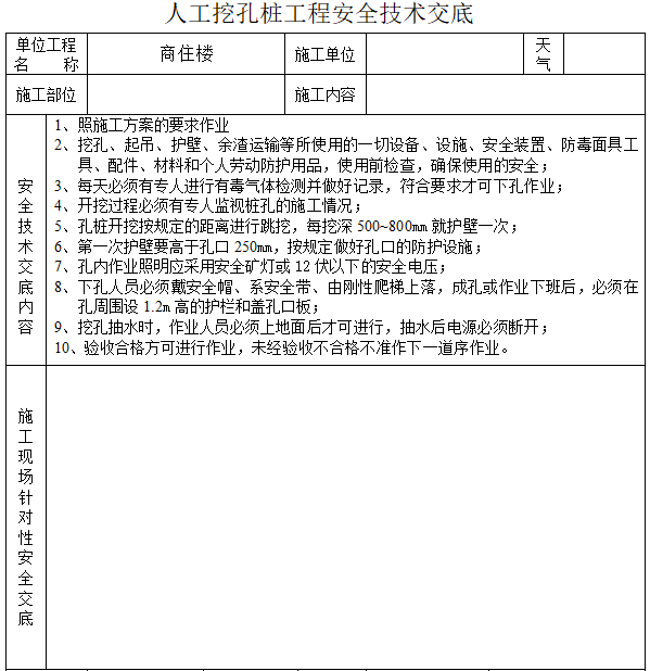 商住楼施工现场安全管理资料（样本参考）-人工挖孔桩工程安全技术交底