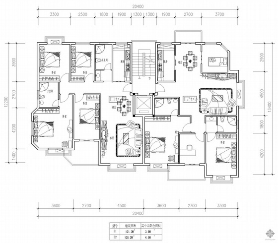 一梯两户高层住宅CAD图资料下载-板式高层一梯两户户型图(131/128)