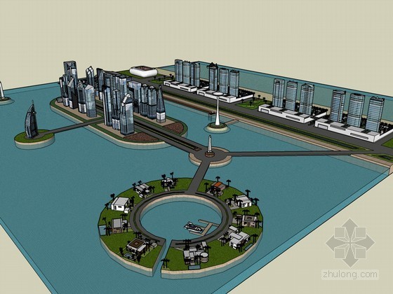 城市建筑群草图模型资料下载-滨水建筑群SketchUp模型下载