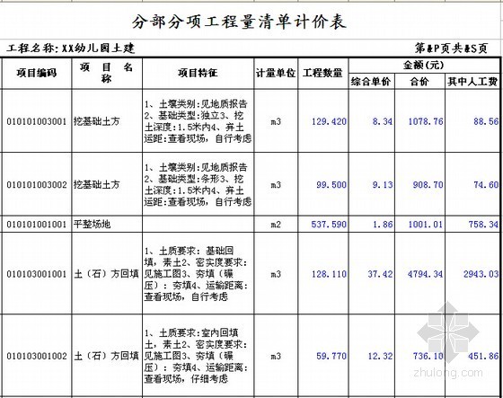 [安徽]幼儿园教学楼建筑安装工程量清单计价实例(含施工图纸)-分部分项工程量清单计价表 