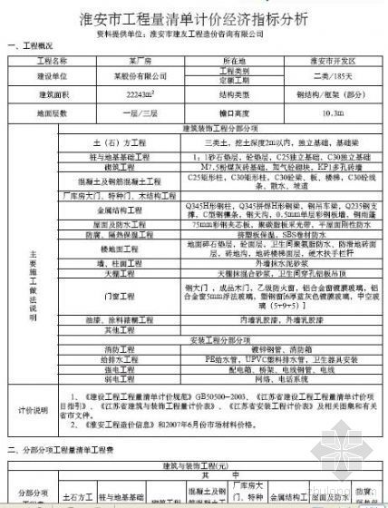 工业建筑经济指标资料下载-淮安市2007年7月某厂房清单计价经济指标分析