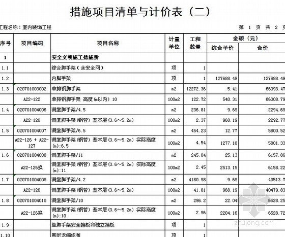 [广东]2012年五层科研办公楼改造室内装饰工程量清单预算书（编制说明+定额+CAD详图120张）-措施项目清单与计价表 