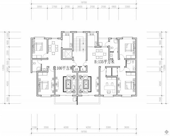 户型图两梯四户高层板式资料下载-板式高层一梯二户户型图(100/135)