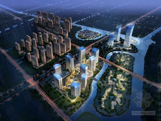 建筑夜景鸟瞰效果图资料下载-鸟瞰夜景3D模型下载
