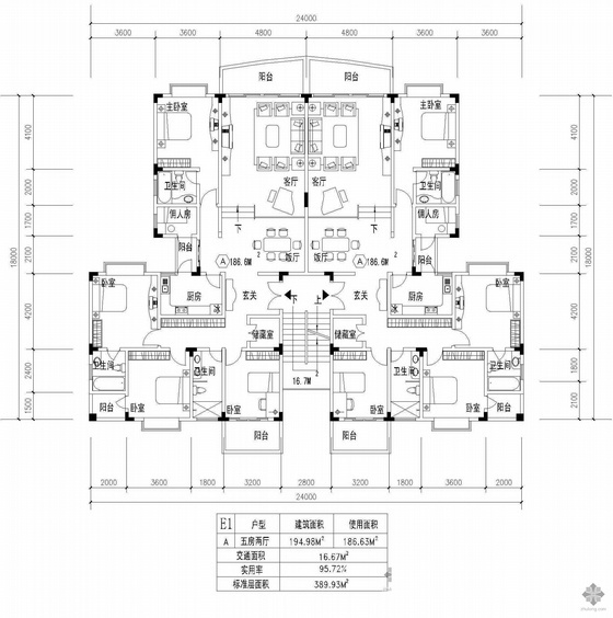 一梯两户板式施工图资料下载-板式多层一梯两户户型图(195/187)