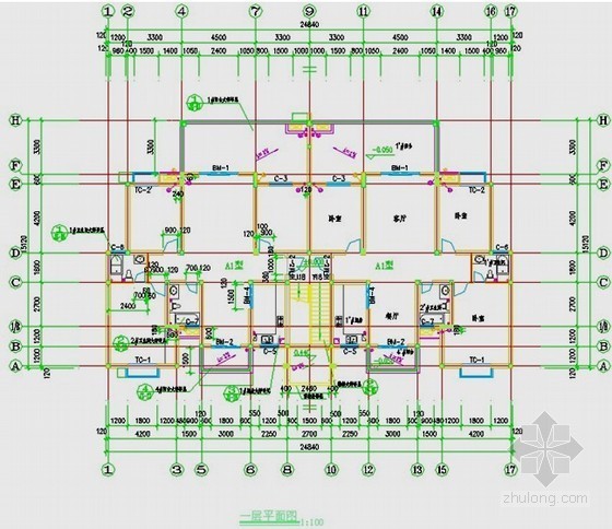 [毕业设计]湖南住宅楼建筑工程量计算书（含钢筋工程量计算和图纸）44页-平面图 